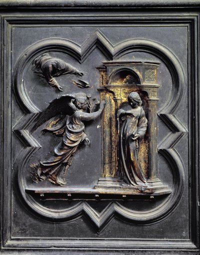 De Annunciatie, eerste paneel van de noorddeuren van het Baptisterium van San Giovanni, 1403-24 door Lorenzo Ghiberti